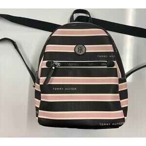 Tommy Hilfiger Classic Mini Backpack Purse Black Pink Cream Stripes